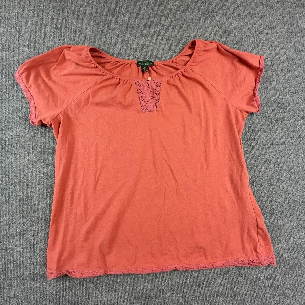 Lauren Ralph Lauren Blouse Womens XL Orange Crochet Scoop Neck Cotton Jersey Top